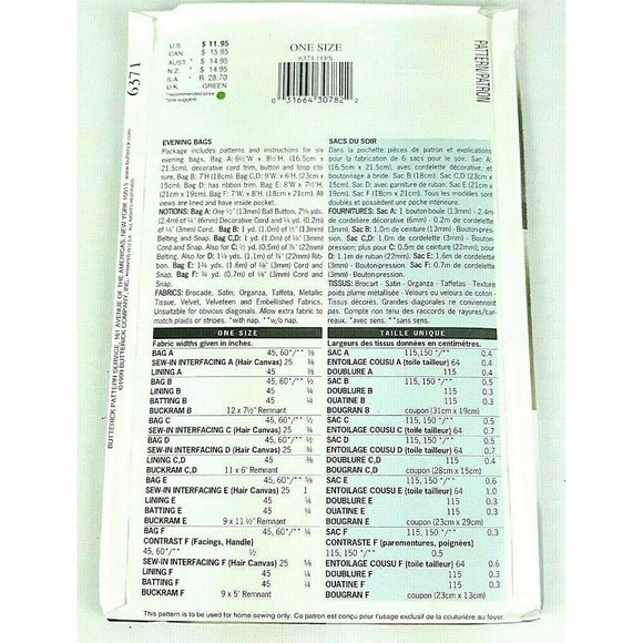 Butterick 6371 Fashion Evening Bags Purses Uncut - Picture 2 of 2